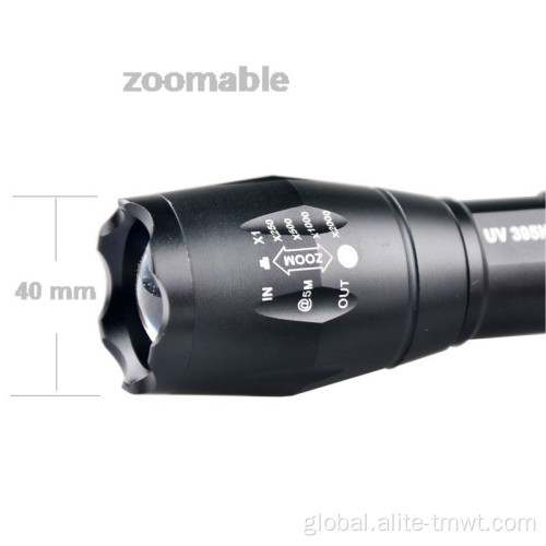 China AAA or 18650 zoom white and uv light combined 395nm scorpion led torch Manufactory